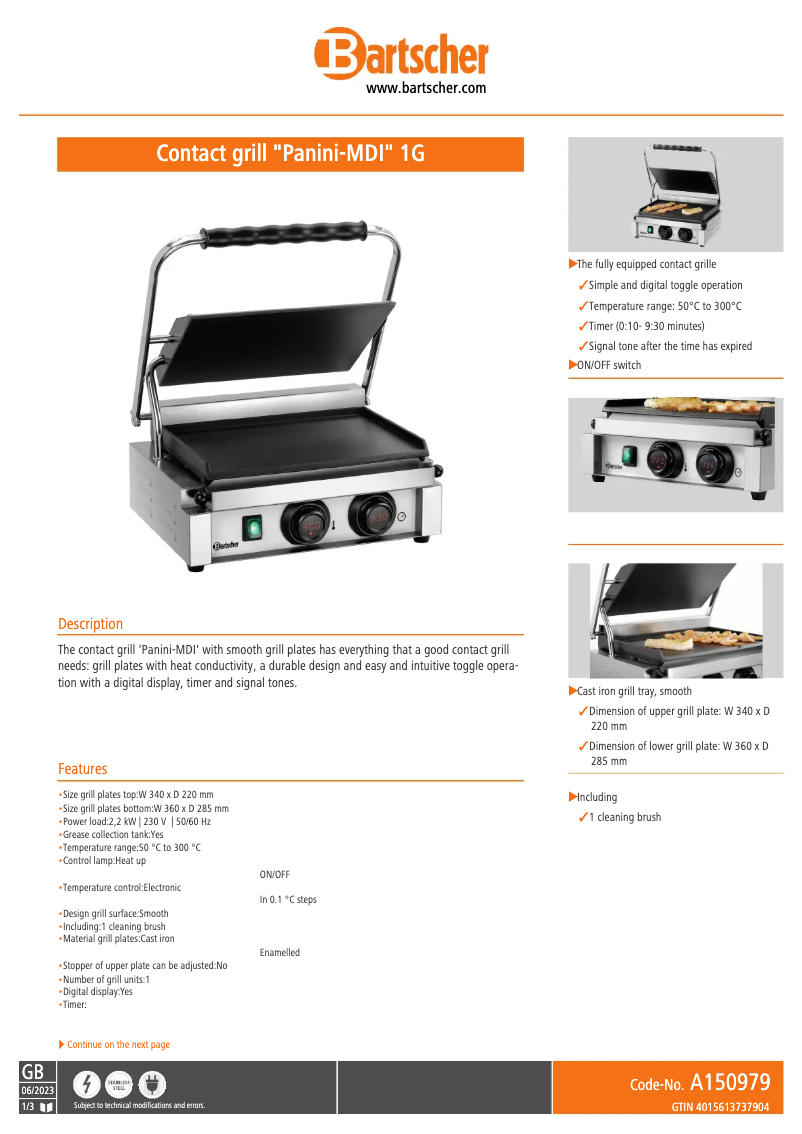 Page 1 de la notice Fiche technique Bartscher Panini 1G