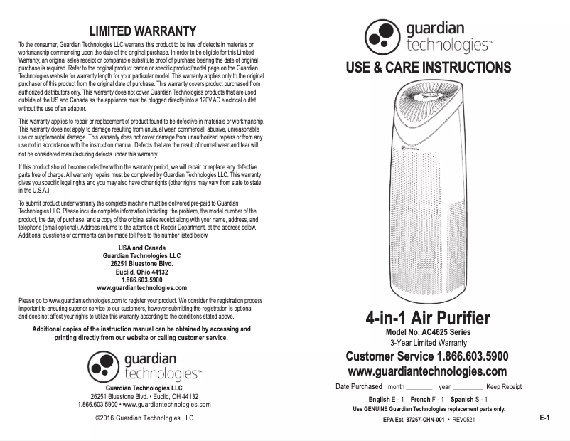 Page n°1 - Manuel utilisateur GermGuardian AC4625