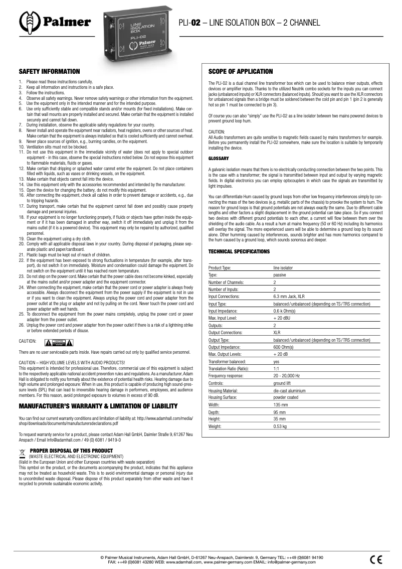 Page 1 de la notice Manuel utilisateur Palmer PLI-02