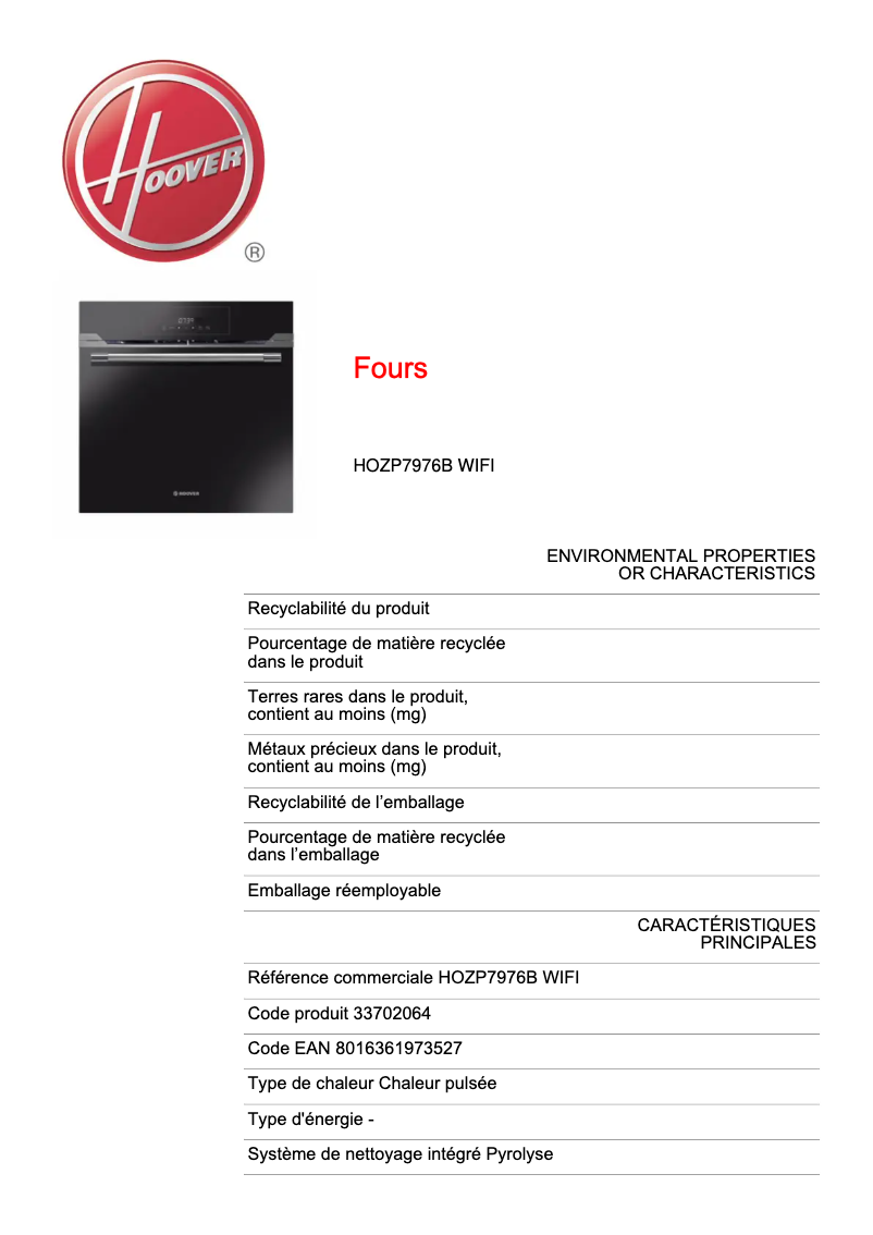 Page n°1 - Fiche technique Hoover H-OVEN 700 Plus HOZP7976B WIFI