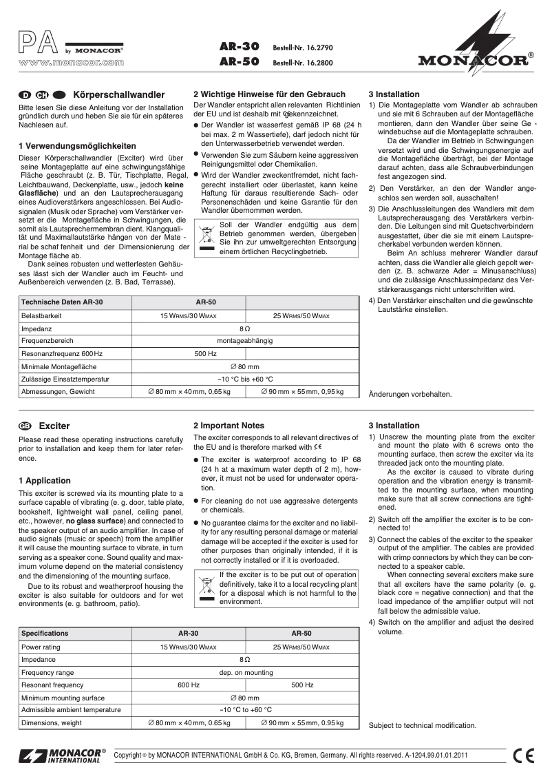 Page 1 de la notice Manuel utilisateur Monacor AR-50