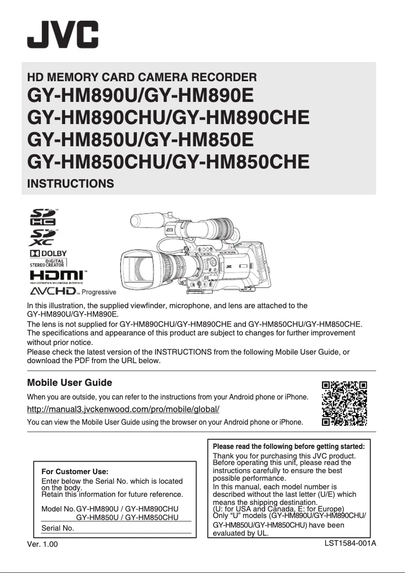 Image de la première page du manuel de l'appareil GY-HM890E