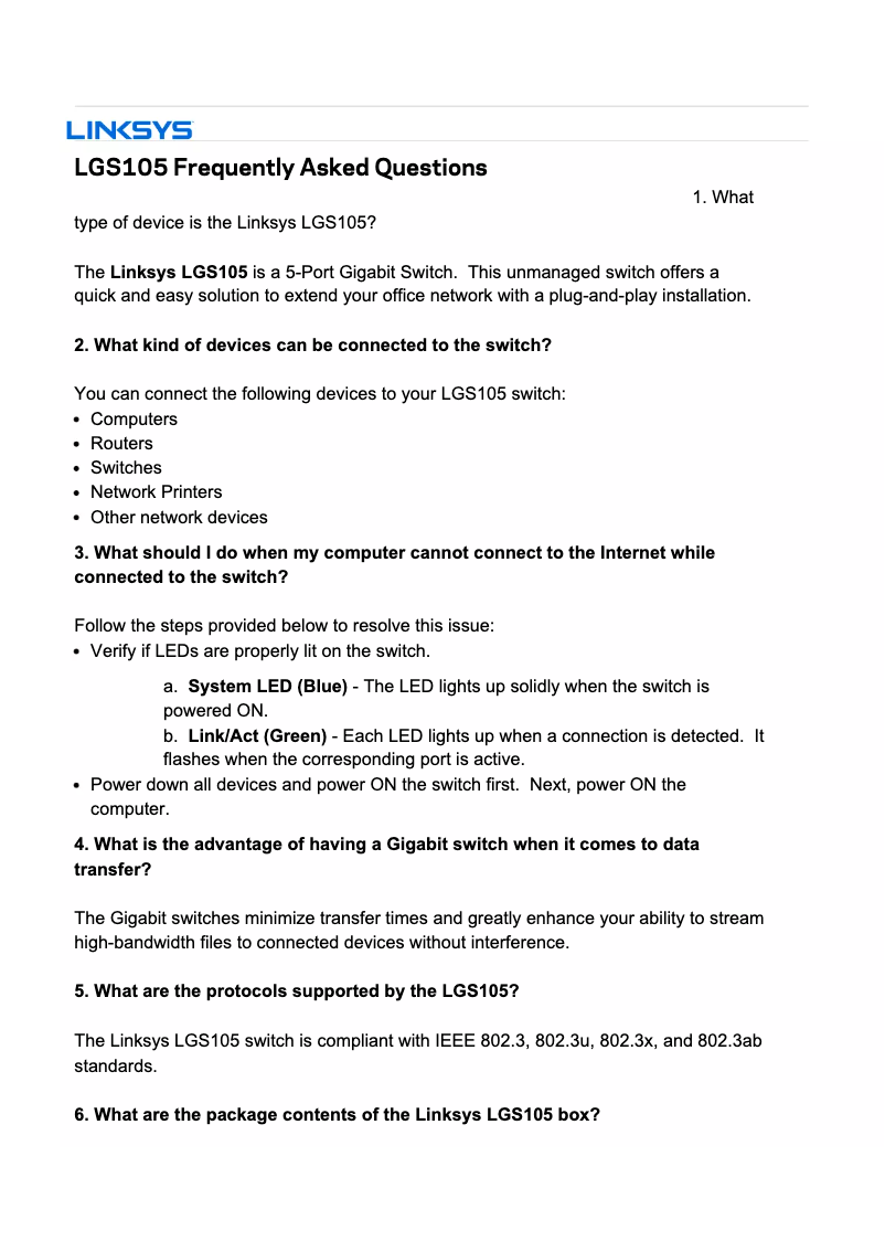 Page 1 de la notice Manuel utilisateur Linksys LGS105