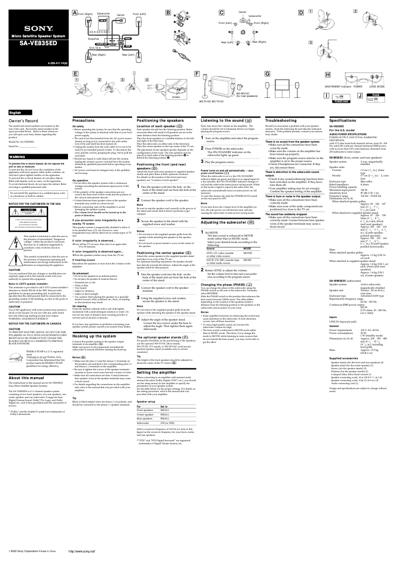 Imagen de la primera página del manual del dispositivo SA-VE835ED