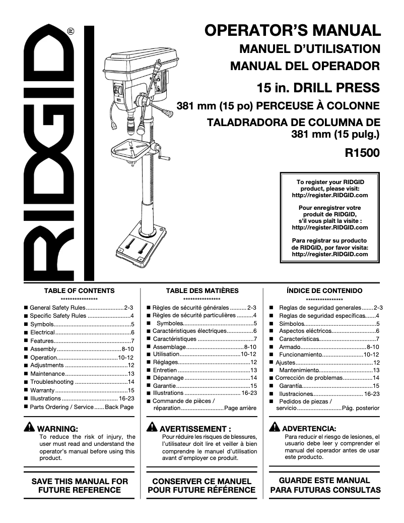 Página 1 del manual Manual de usuario Ridgid R1500