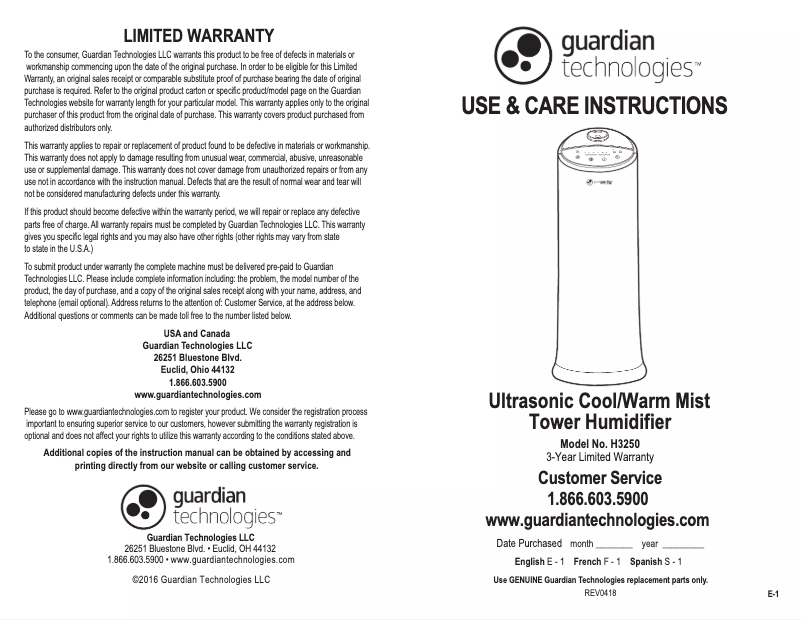 Page n°1 - Manuel d'utilisation et d'entretien PureGuardian H3250