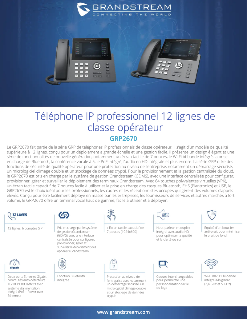 Page 1 de la notice Fiche technique Grandstream GRP2670