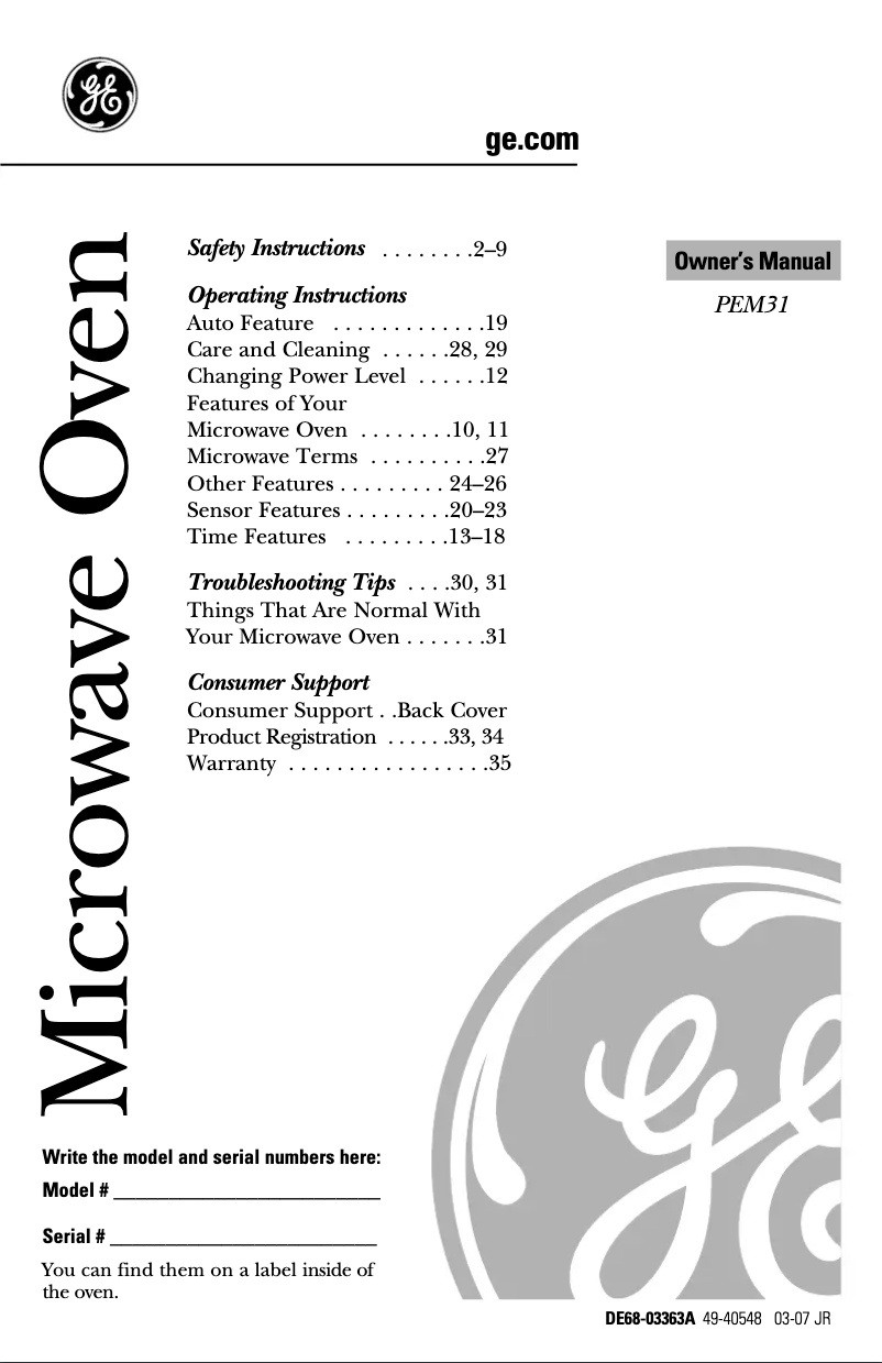 Page 1 de la notice Manuel d'utilisation et d'entretien GE PEM31DMWW