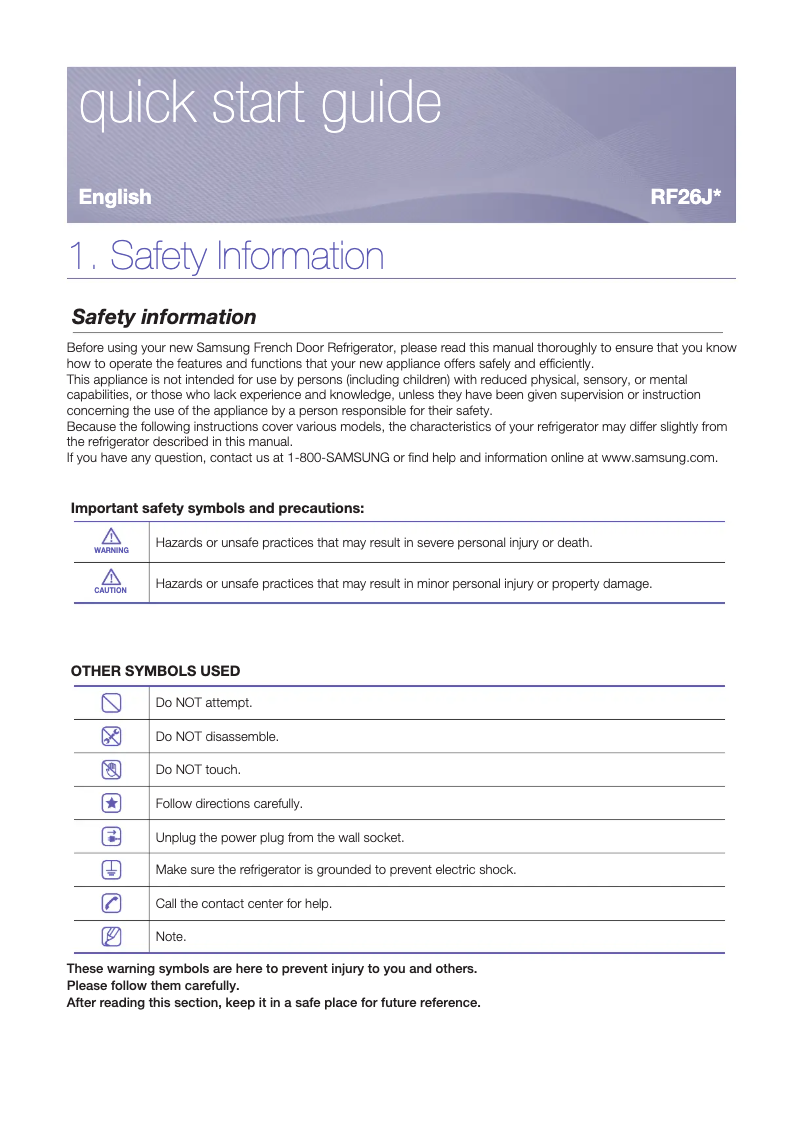 Page 1 de la notice Manuel utilisateur Samsung RF26J7500SL