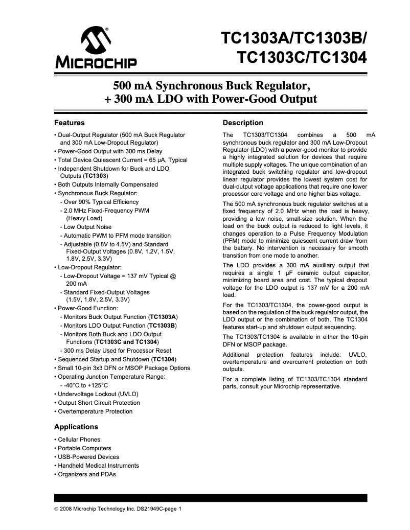 Page 1 de la notice Fiche technique Microchip TC1303A