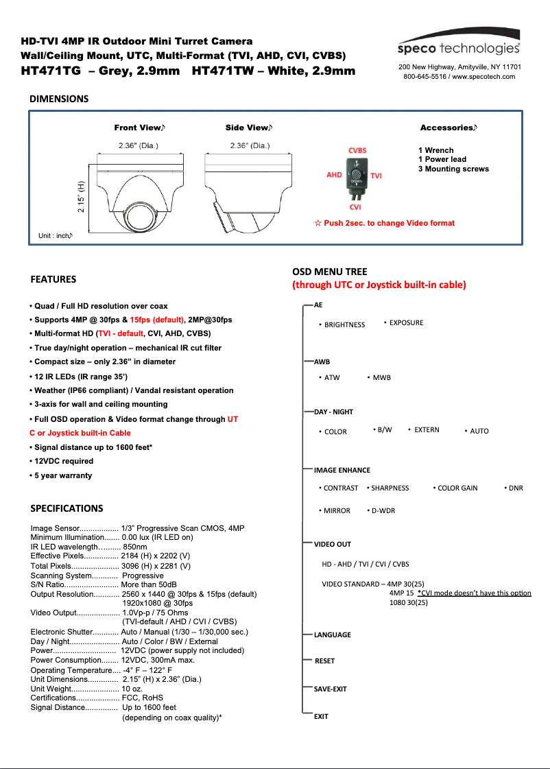 Page 1 de la notice Manuel utilisateur Speco Technologies HT471TG