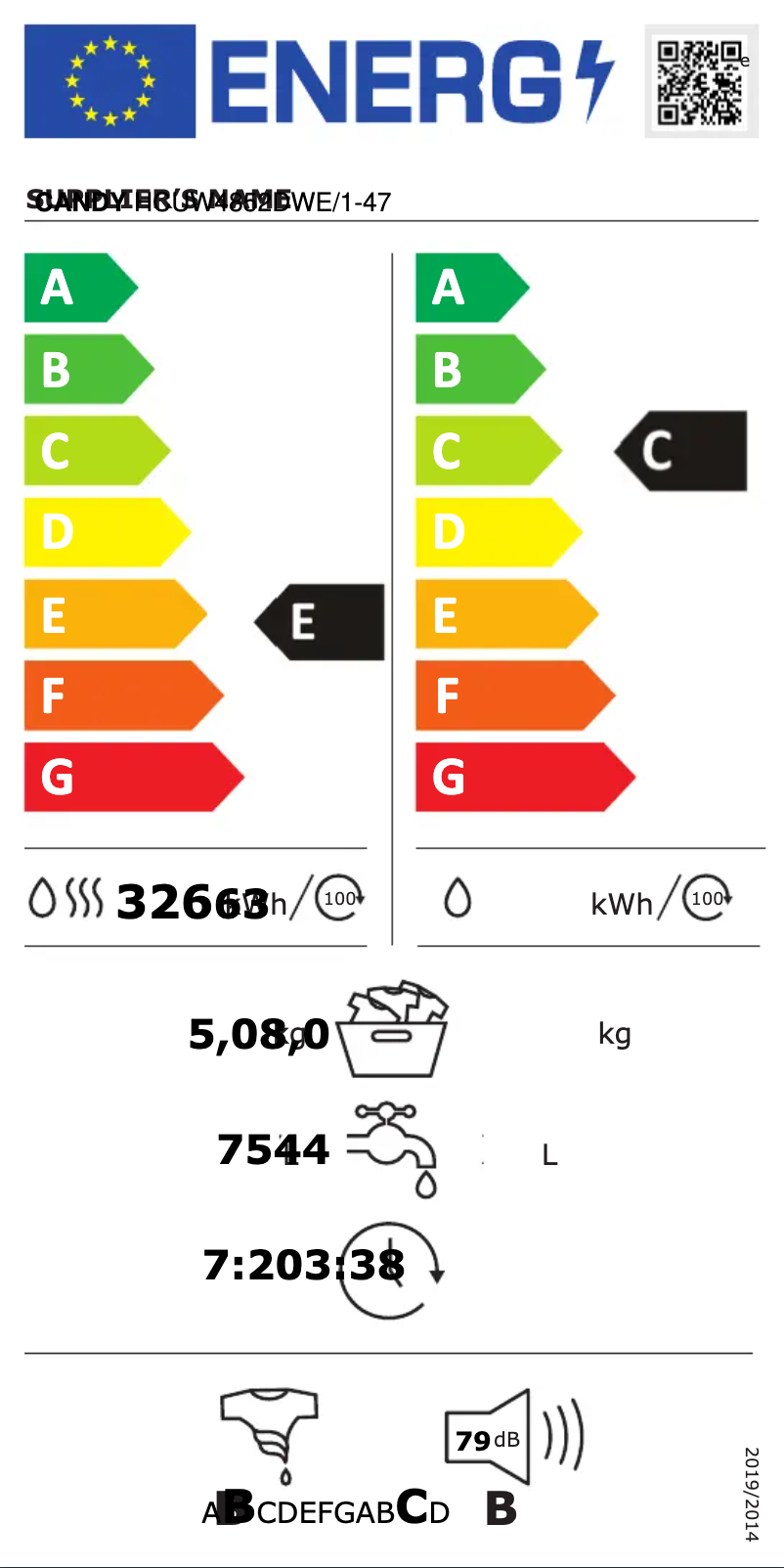 Page n°1 - Label énergétique Candy HCUW4852DWE/1-47