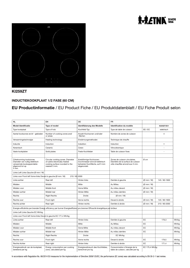 Page 1 de la notice Manuel utilisateur Etna KI259ZT