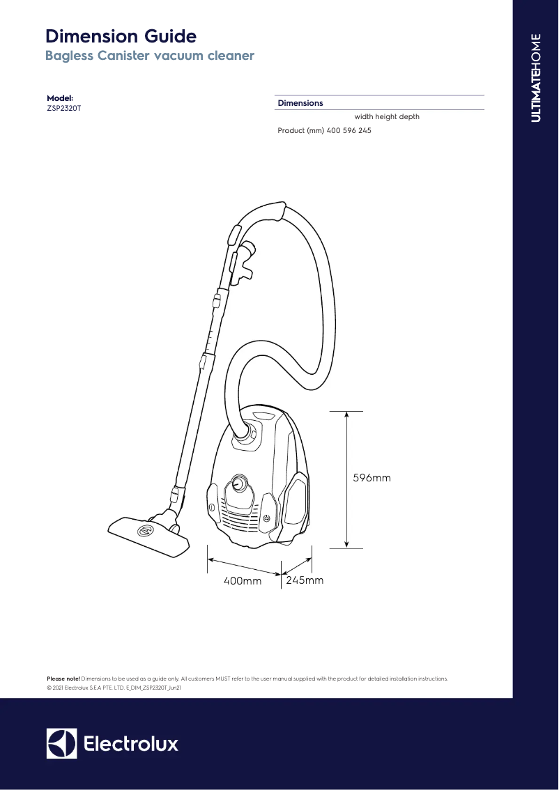 Page n°1 - Dessin technique Electrolux Silent Performer ZSP2320T