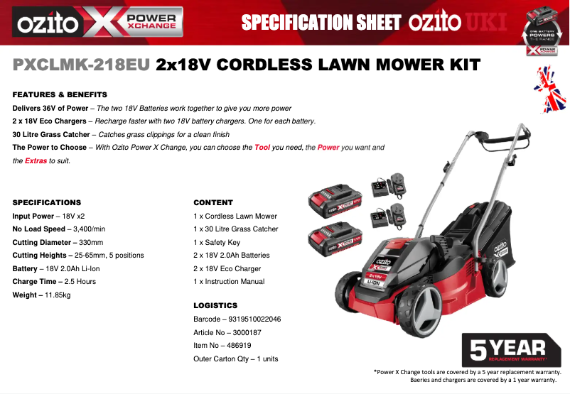 Página 1 del manual Ficha técnica Ozito PXCLMK-218U