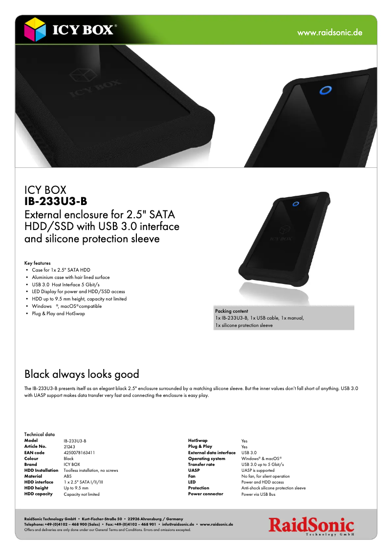 Page n°1 - Fiche technique Icy Box IB-233U3-B