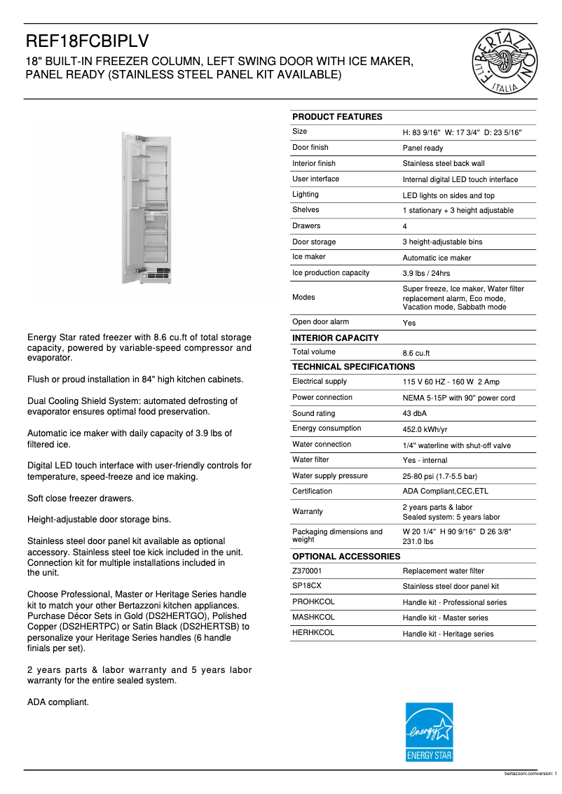 Page 1 de la notice Fiche technique Bertazzoni REF18FCBIPLV