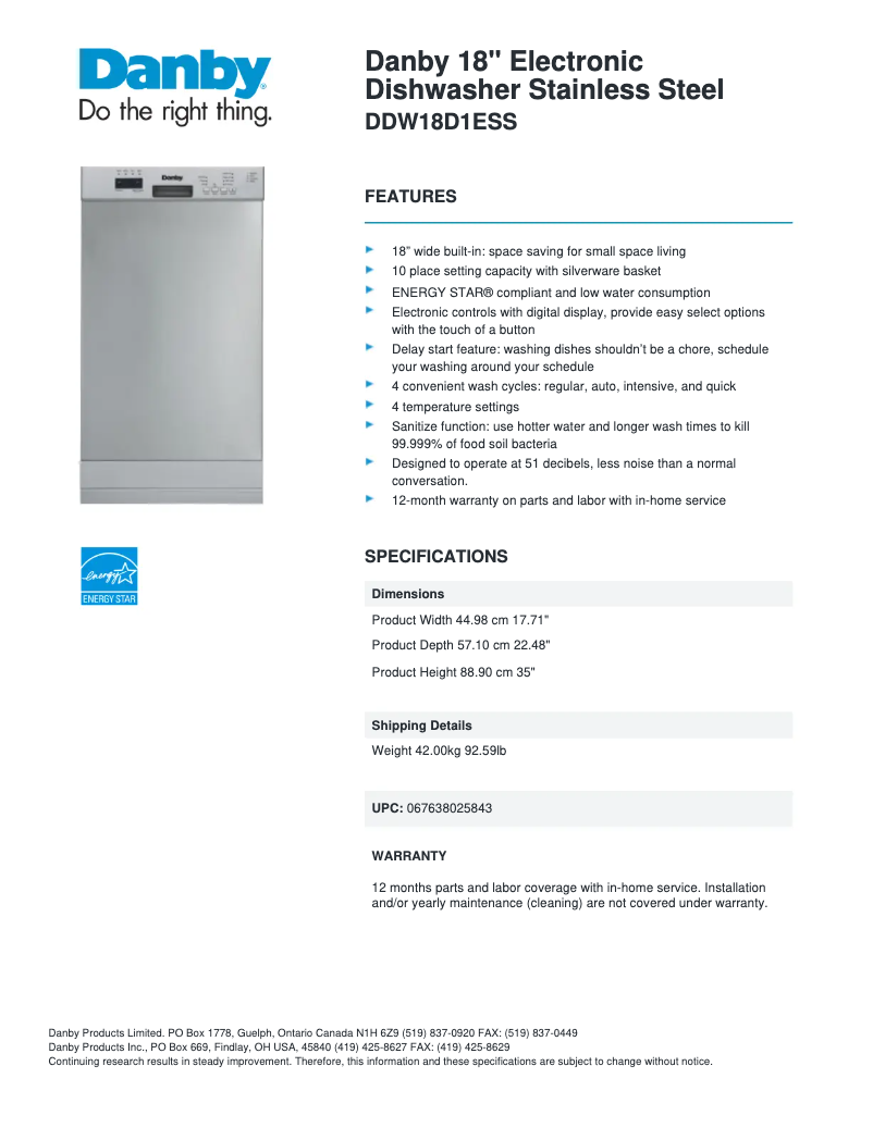 Page 1 de la notice Fiche technique Danby DDW18D1ESS