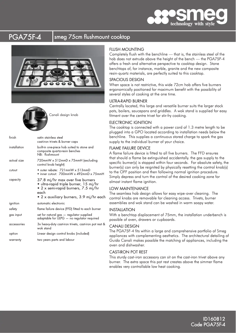 Page 1 de la notice Fiche technique Smeg PGA75F-4