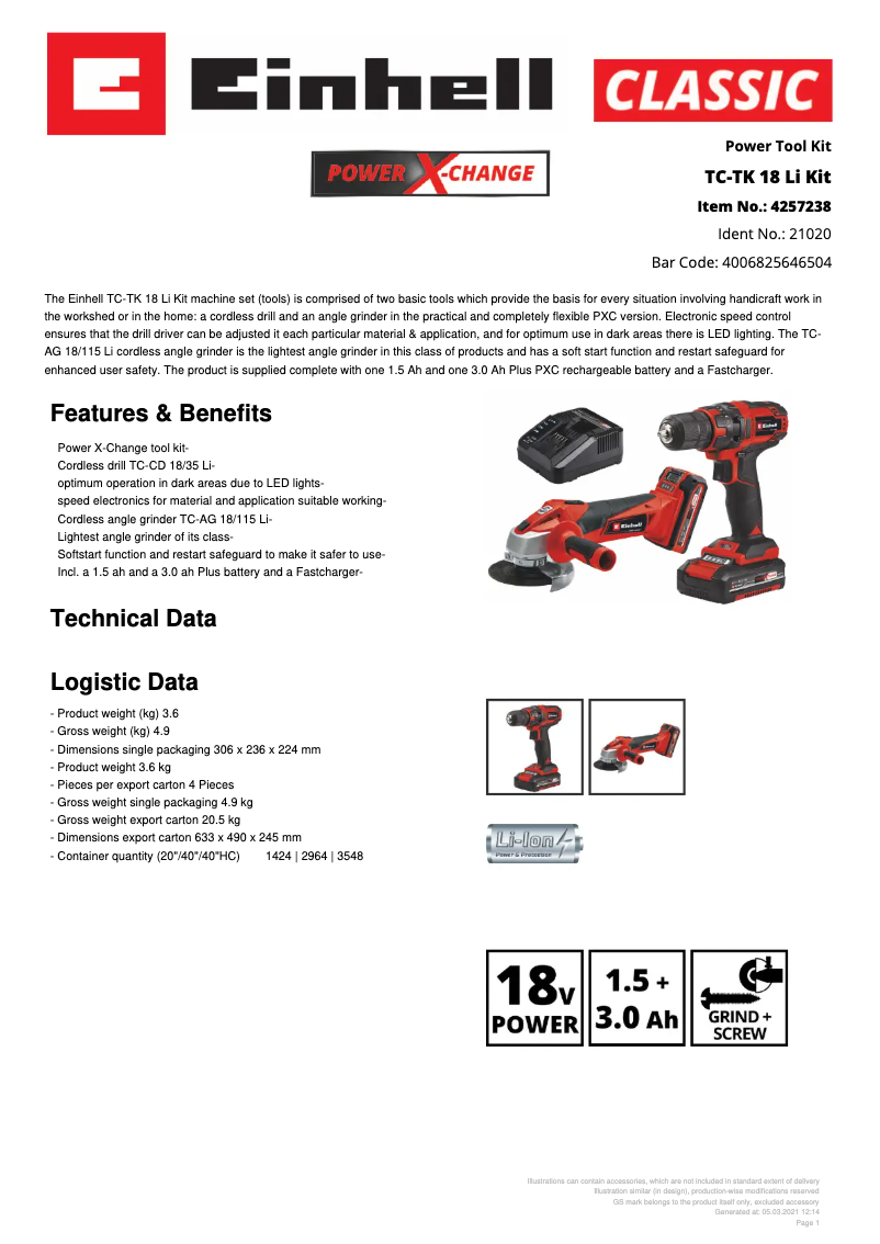 Página 1 del manual Ficha técnica Einhell TC-TK 18 Li