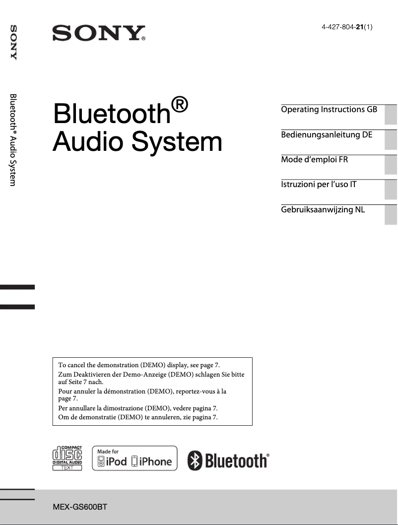 Page 1 de la notice Manuel utilisateur Sony MEX-GS600BT