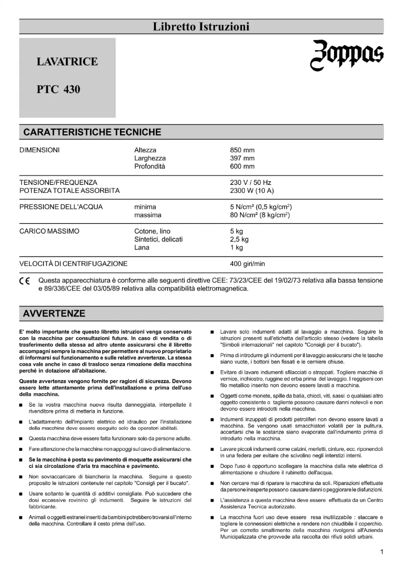 Page n°1 - Manuel utilisateur Zoppas PTC430