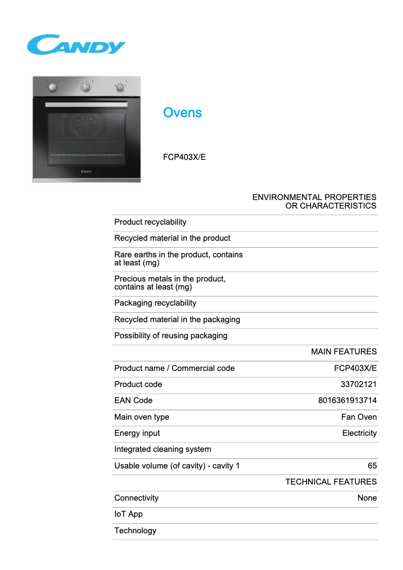 Page 1 de la notice Fiche technique Candy FCP403X/E