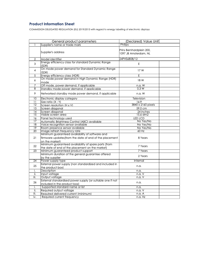 Page 1 de la notice Fiche technique Philips 24PHS6808