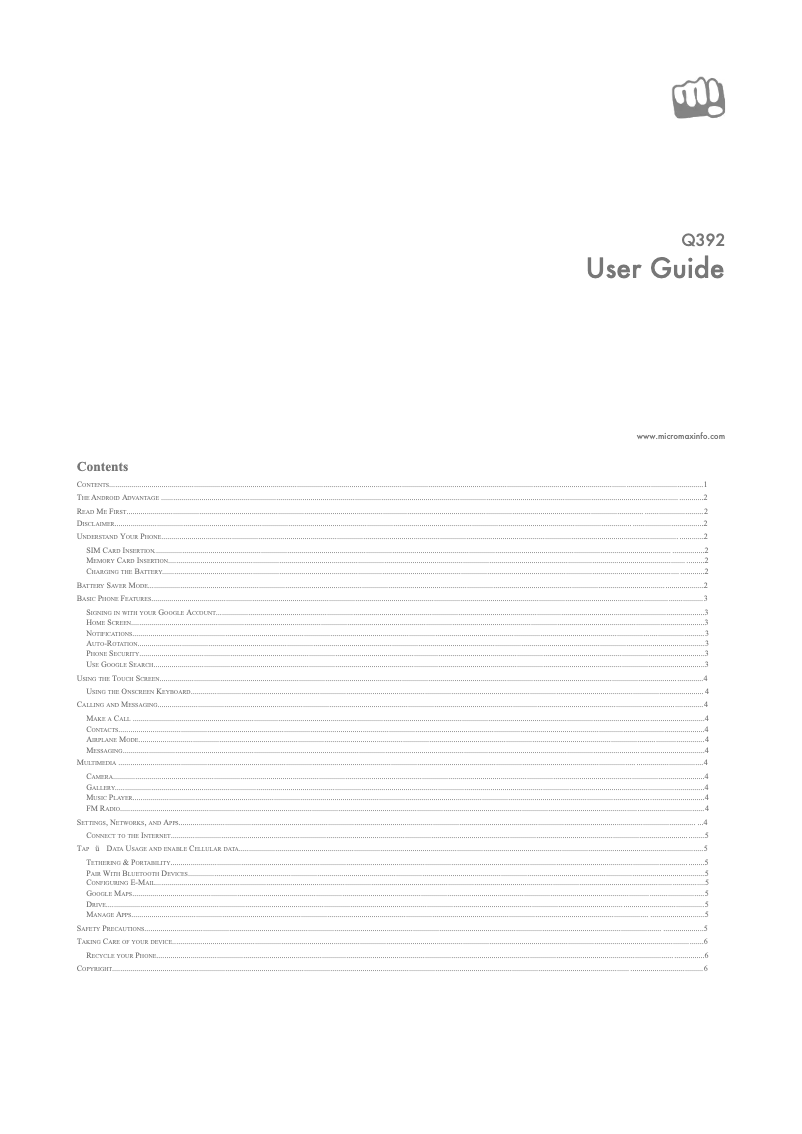Page 1 de la notice Manuel utilisateur Micromax Canvas Juice 3 Q392