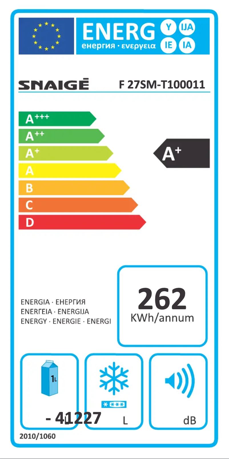 Page 1 de la notice Label énergétique Snaigė Ice Logic F 27SM-T1000F1