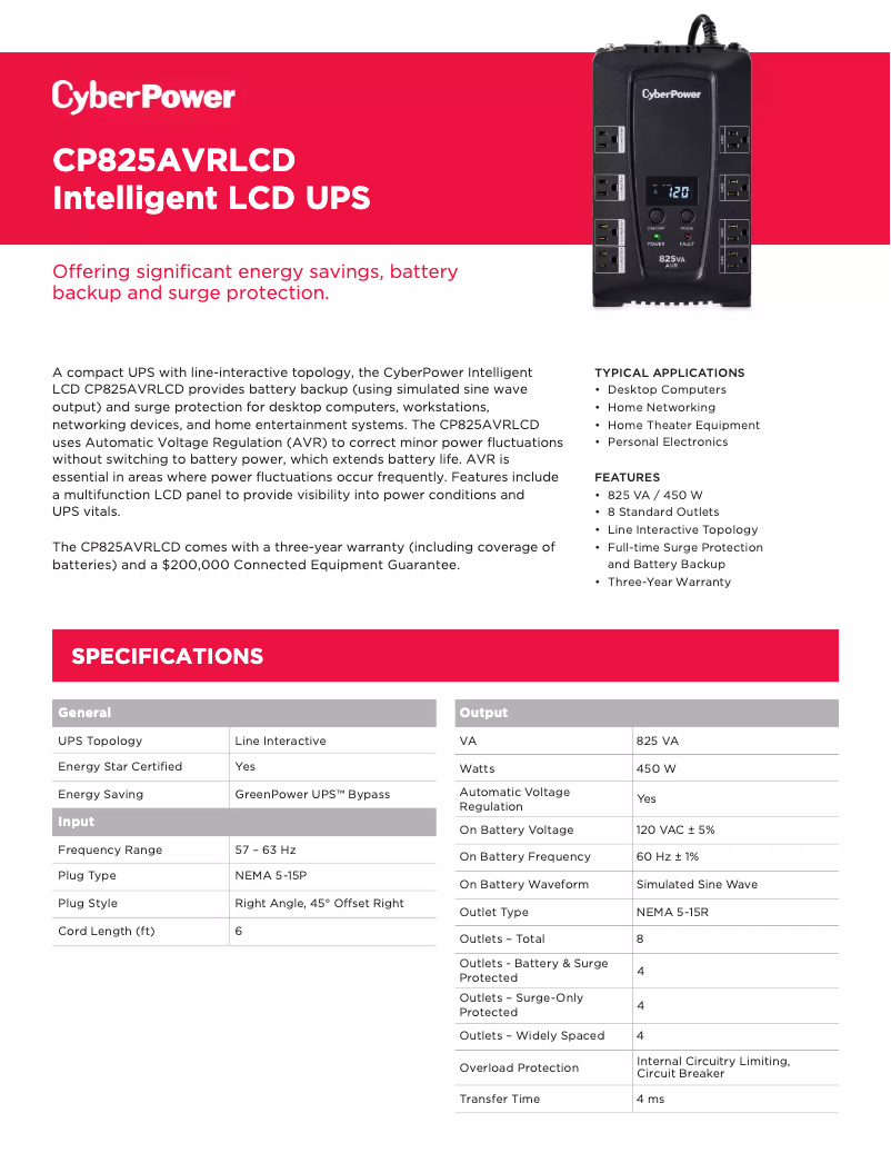 Página 1 del manual Ficha técnica CyberPower CP825LCD