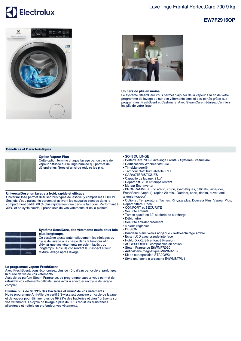 Page 1 de la notice Fiche technique Electrolux EW7F2916OP