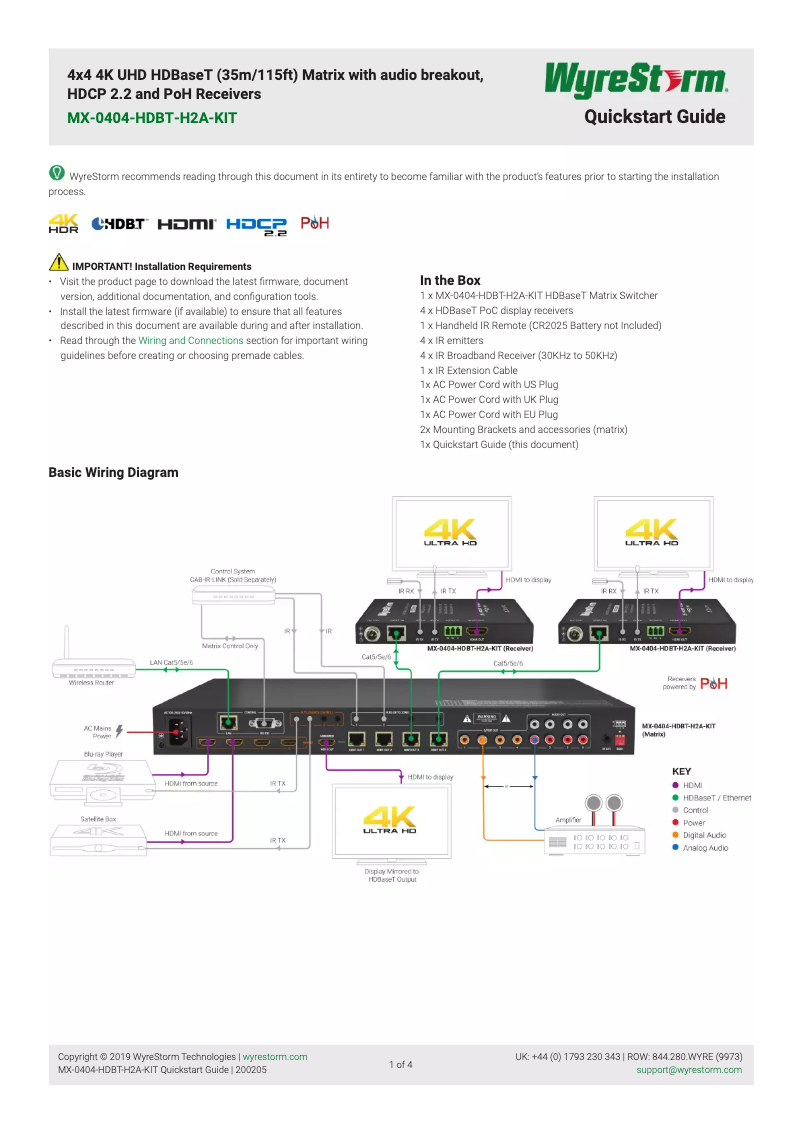 Page 1 de la notice Manuel utilisateur WyreStorm MX-0404-HDBT-H2A-KIT