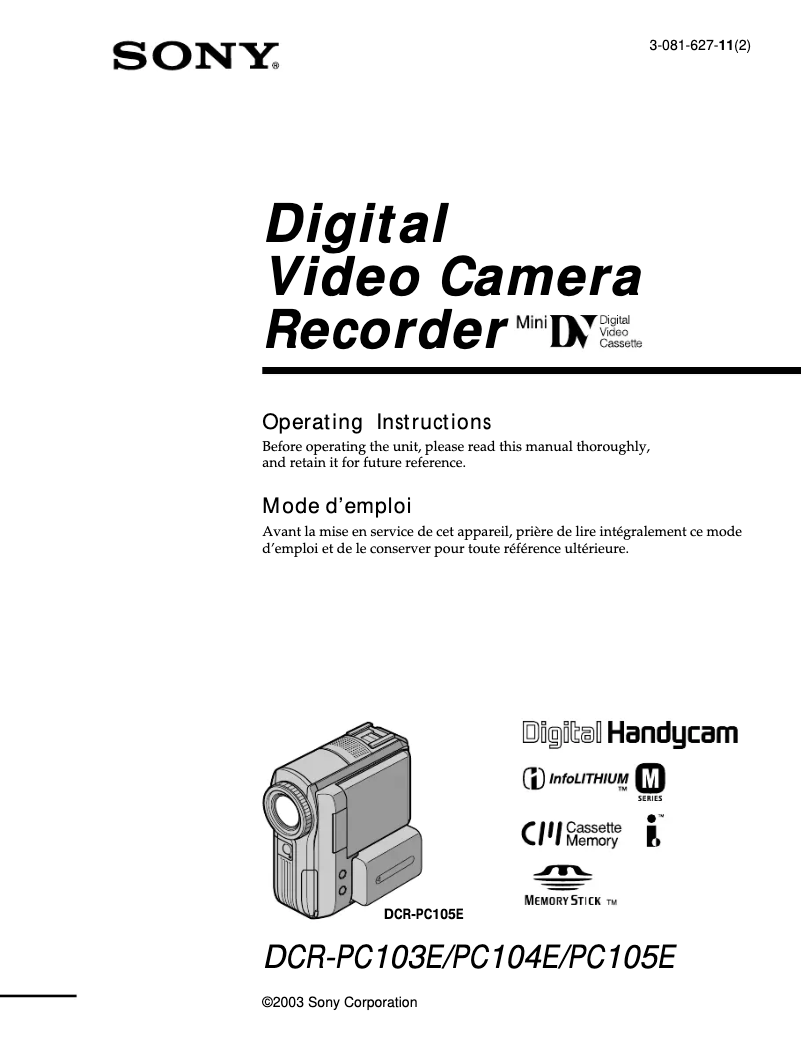 Page 1 de la notice Manuel utilisateur Sony DCR-PC104E