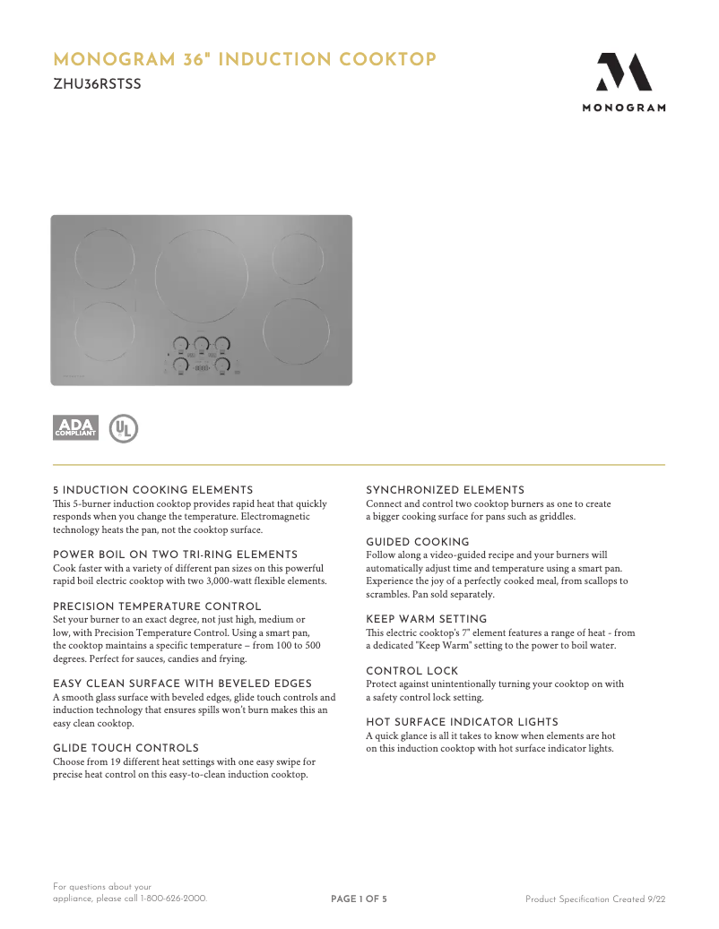 Page 1 de la notice Fiche technique Monogram ZHU36RSTSS