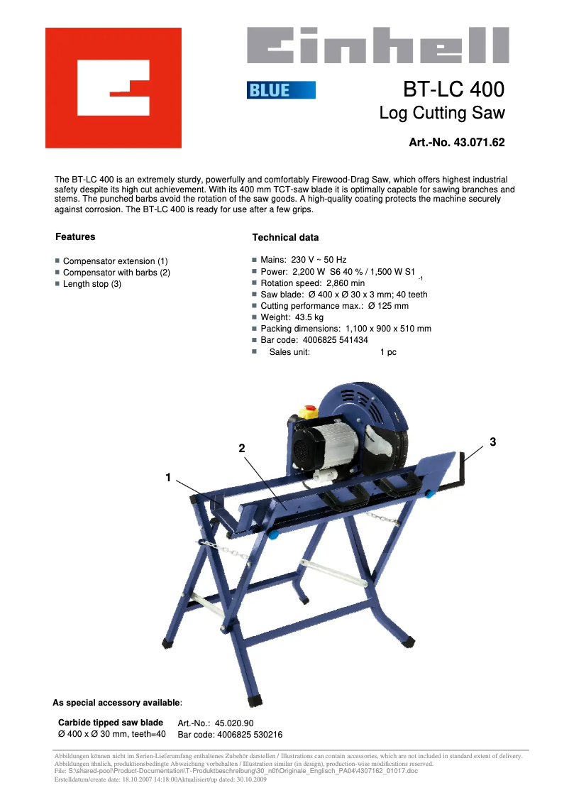 Page 1 de la notice Manuel utilisateur Einhell BT-LC 400/2