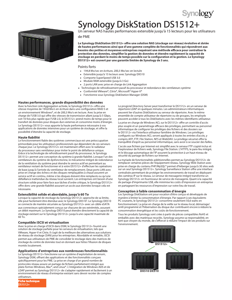 Page 1 de la notice Fiche technique Synology DS1512+