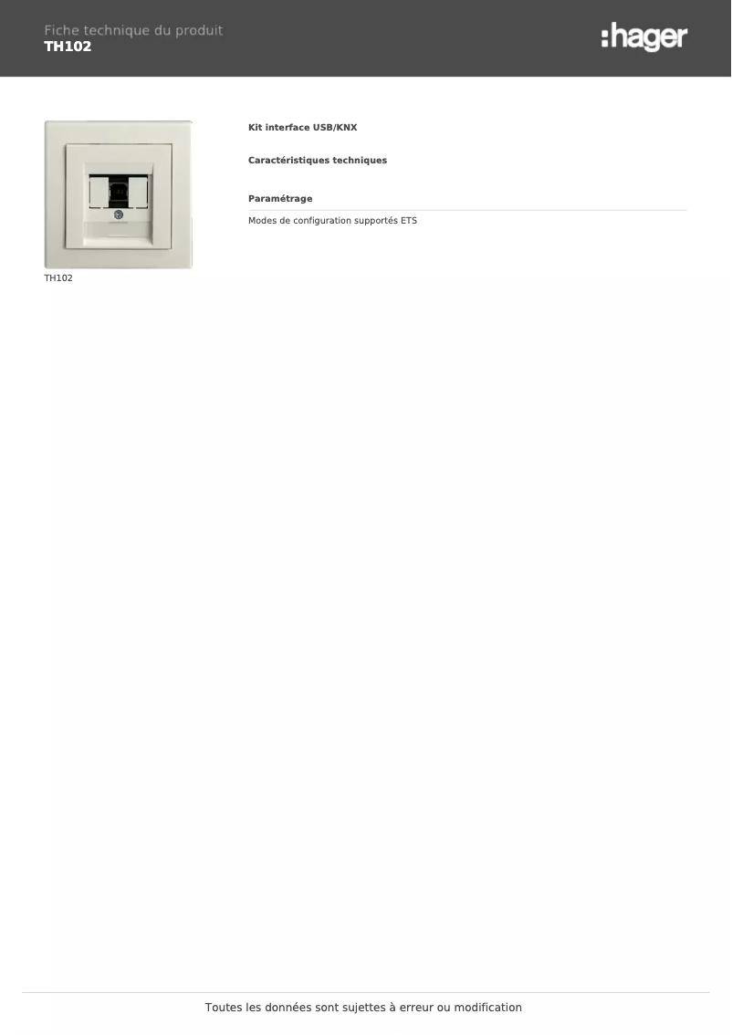 Page 1 de la notice Fiche technique Hager TH102