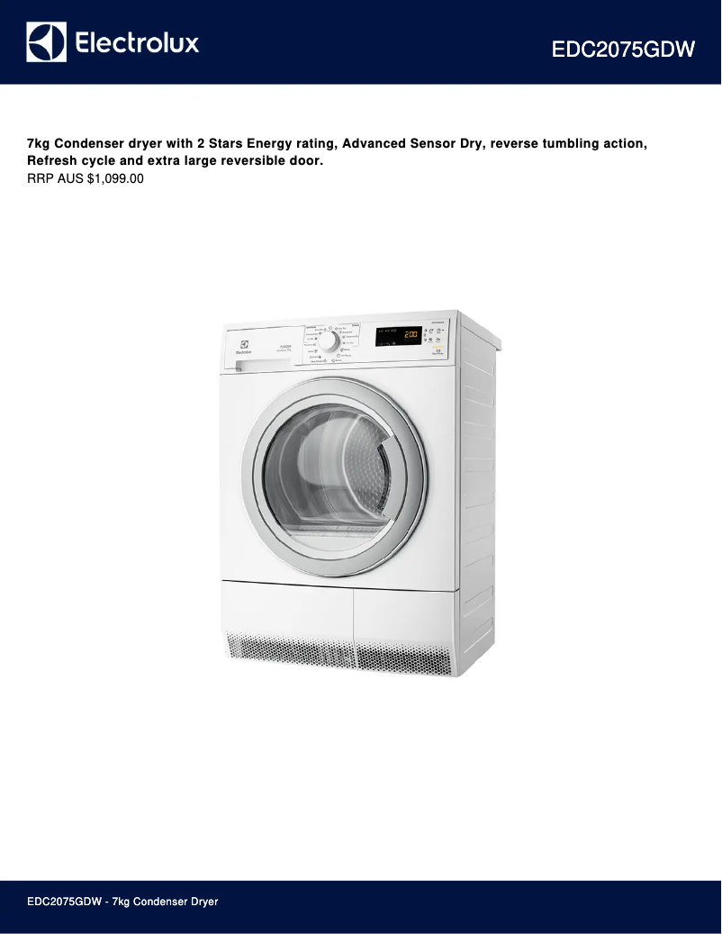 Page 1 de la notice Fiche technique Electrolux EDC2075GDW