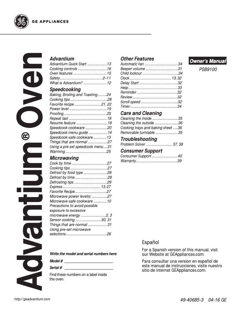 Página 1 del manual Manual de usuario GE PSB9100EFES