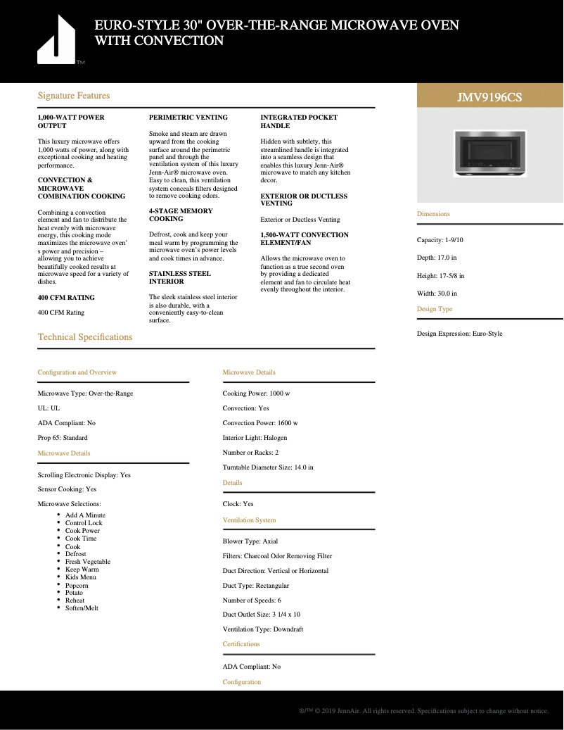 Page n°1 - Fiche technique KitchenAid JMV9196CS
