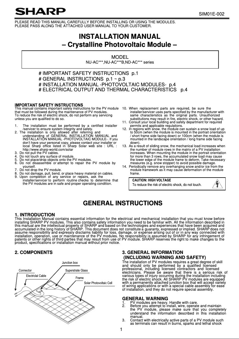 Page 1 de la notice Manuel utilisateur Sharp NU-AC310