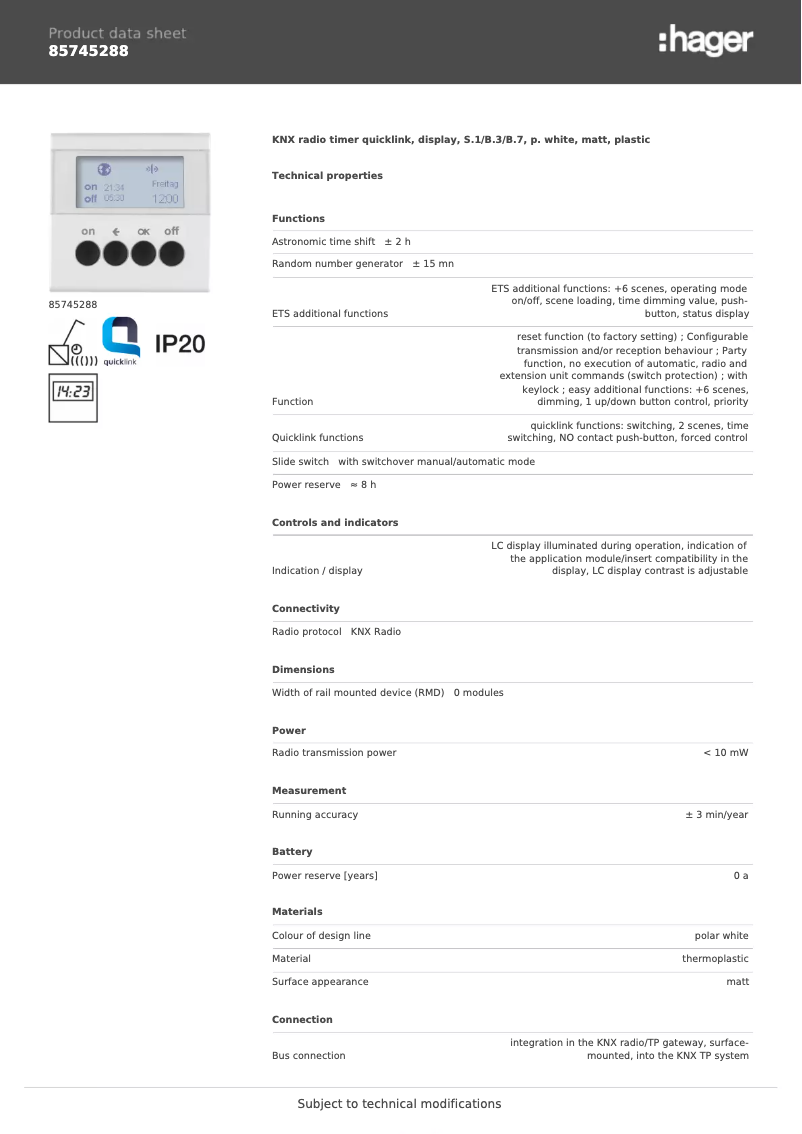 Page n°1 - Fiche technique Hager 85745288