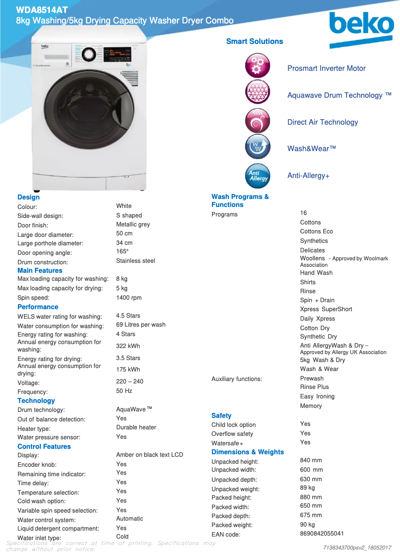 Page 1 de la notice Fiche technique Beko WDA8514AT