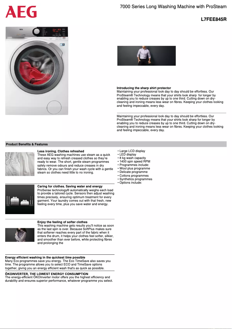 Page 1 de la notice Fiche technique AEG L7FEE845R