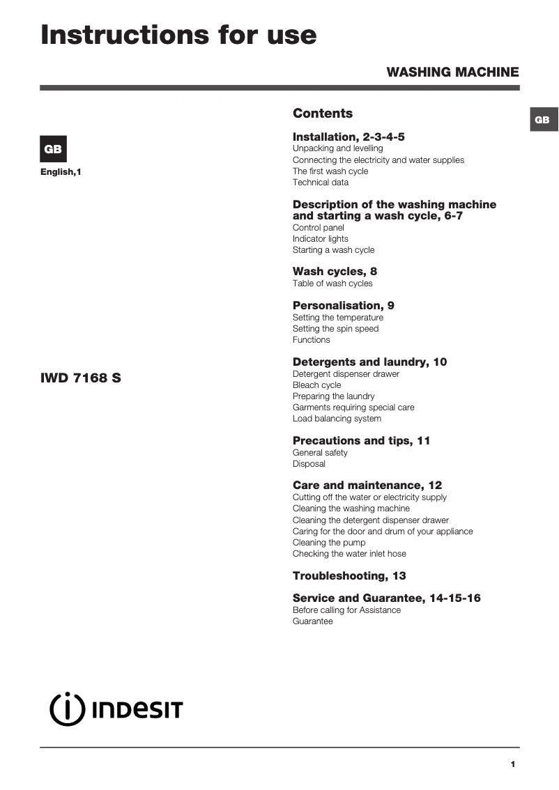 Page 1 of the manual User Manual Indesit IWD 7168 S