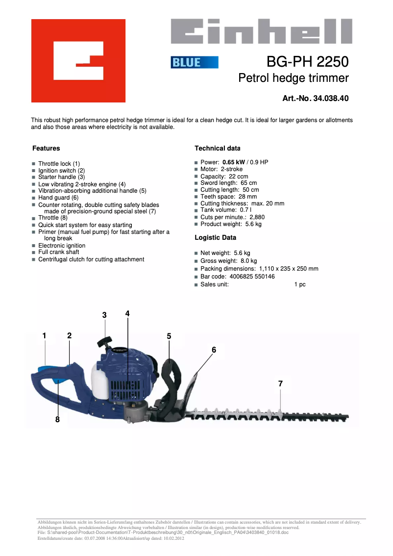 Page 1 de la notice Fiche technique Einhell BG-PH 2250