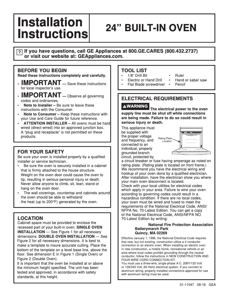 Page n°1 - Guide d'installation GE JRP20WJWW