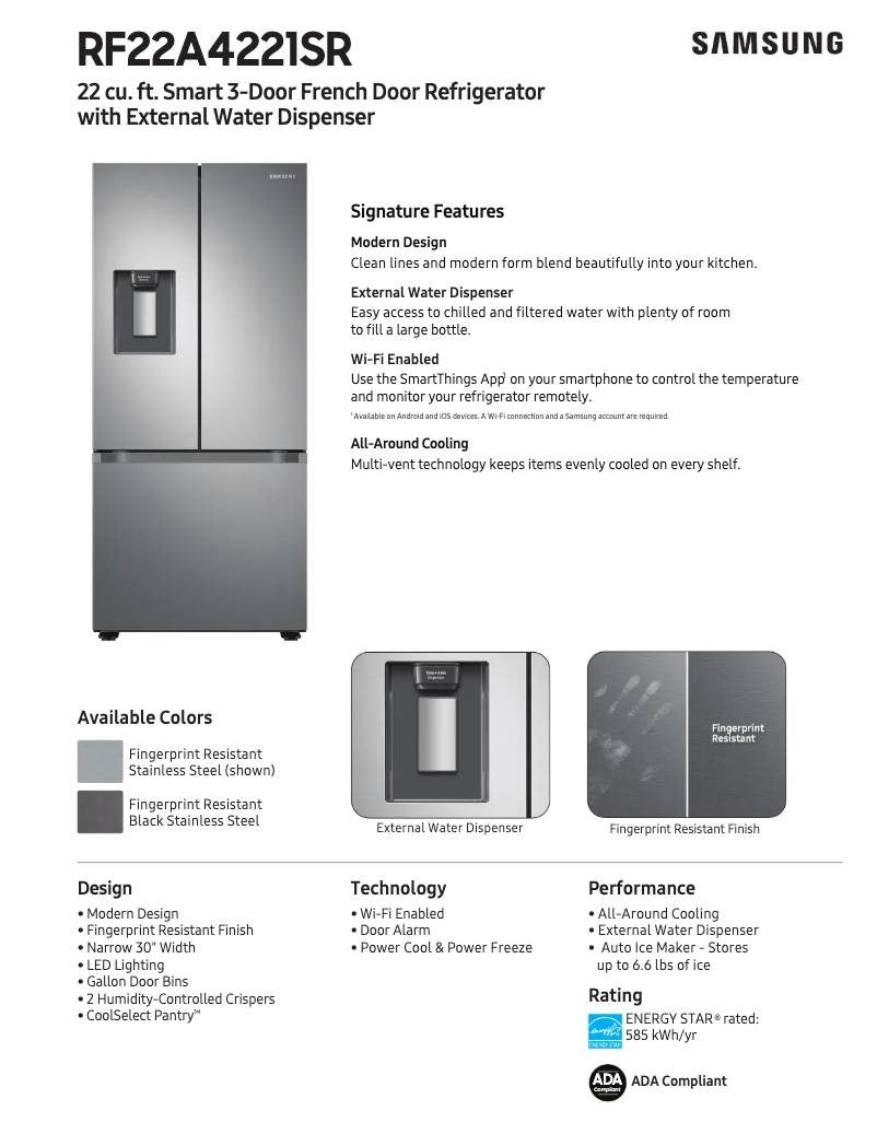 Page 1 de la notice Fiche technique Samsung RF22A4221SR