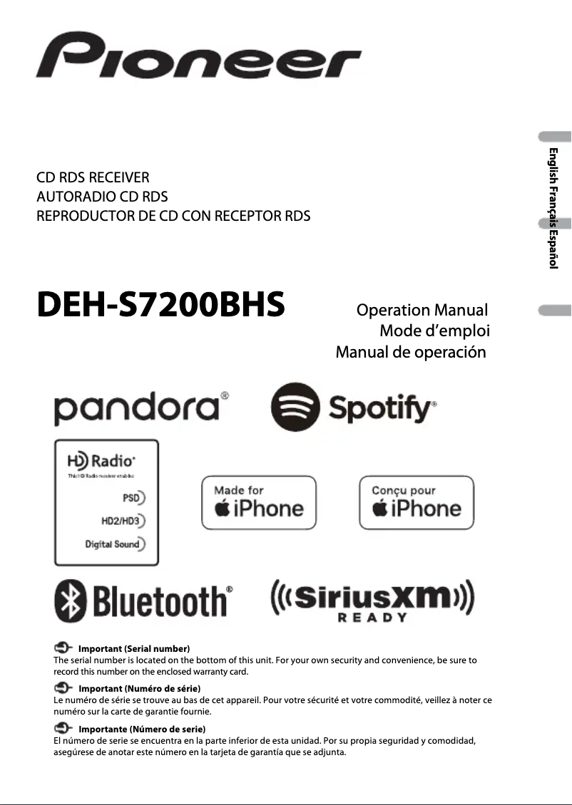 Page 1 de la notice Manuel utilisateur Pioneer DEH-S7200BHS